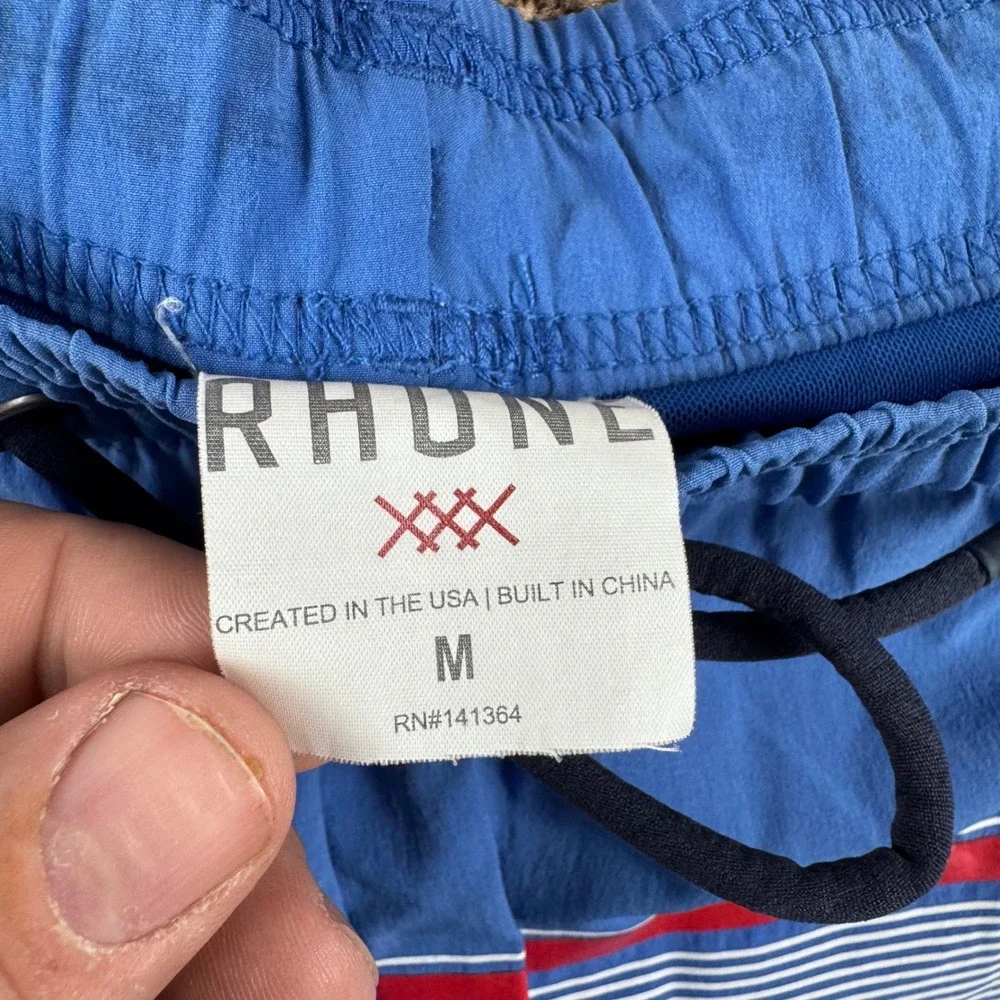 Rhone‎ Mens Blue Striped Graphic Swim Trunks Mesh Liner Zip Pockets Size Medium